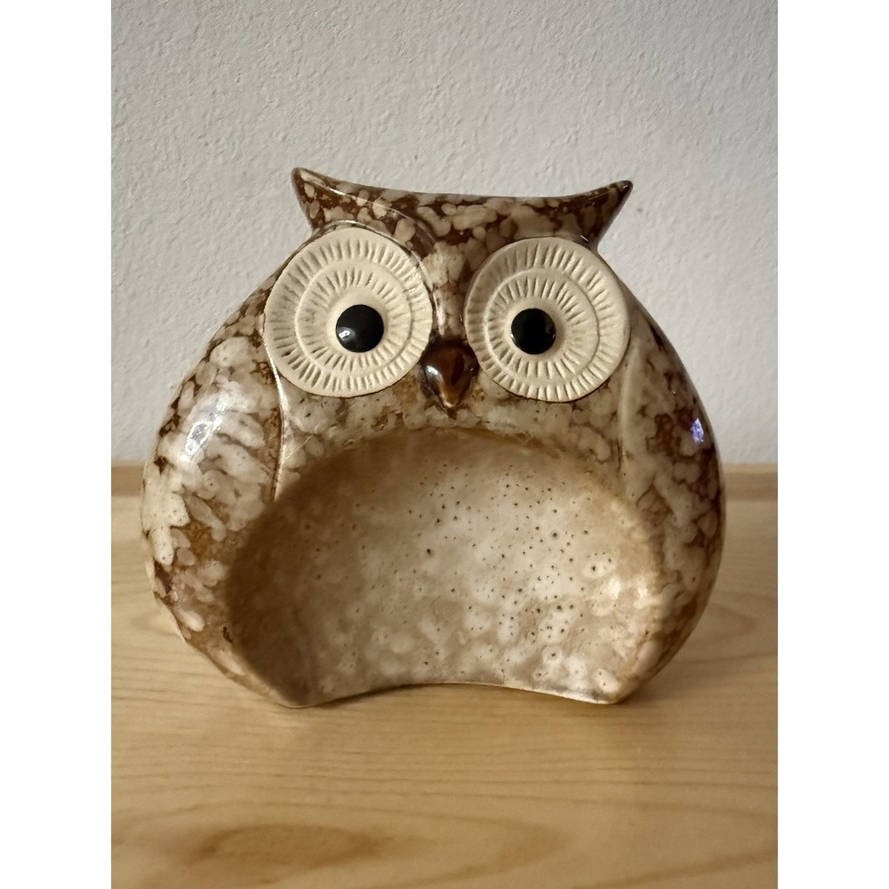 Vintage 6x5" Brown Ceramic Night Owl,‎ Wide Unique Concave Belly Unsigned